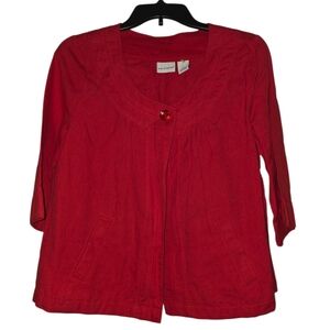 Kim Rogers Red Solid 3/4 Sleeve 1 Button Jacket Womens Size S Linen Cotton Pkts
